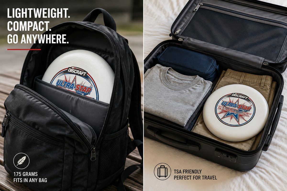 A disc packed in a backpack and in a suitcase, showing how easily it travels