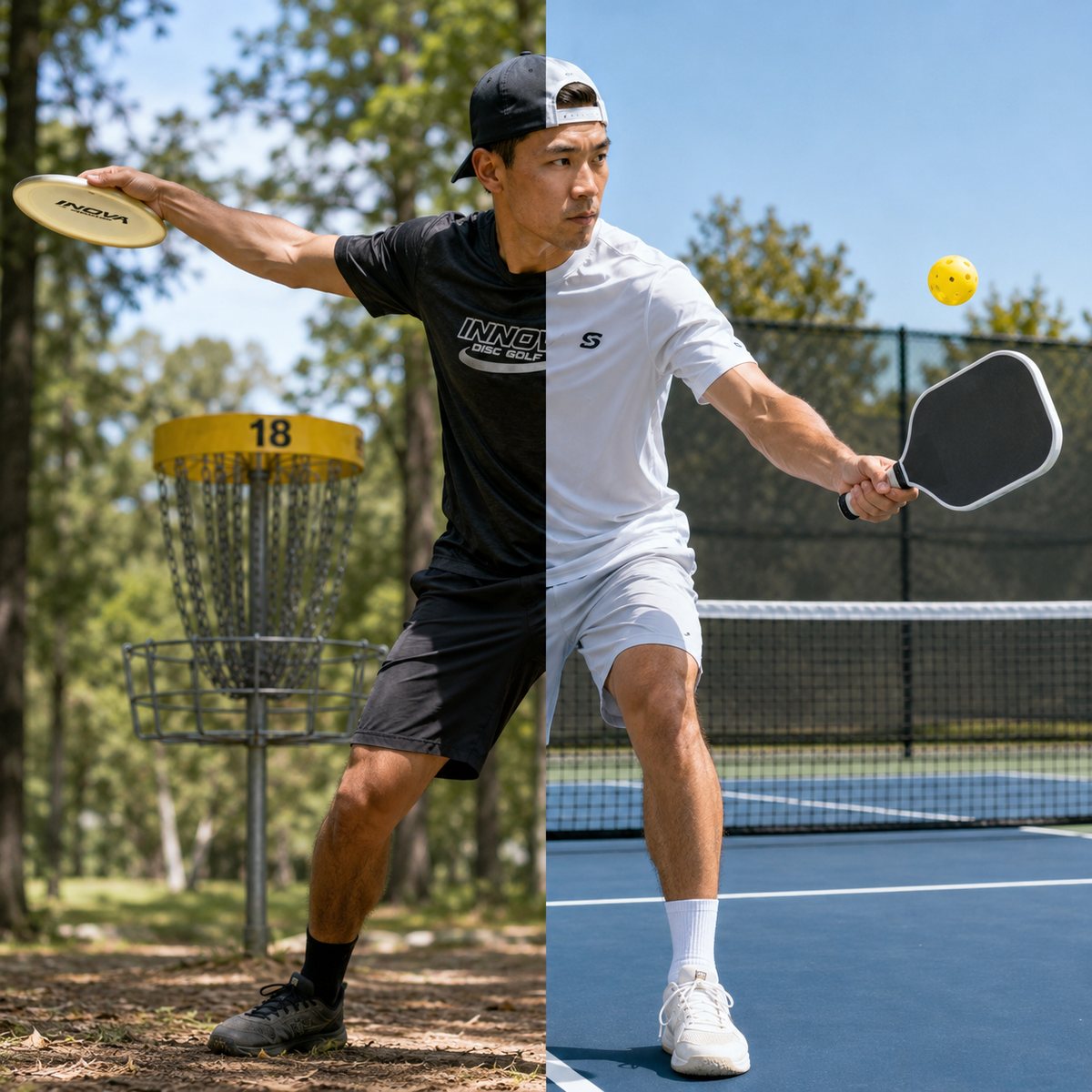 Split image of the same player throwing at a disc golf basket and hitting a pickleball