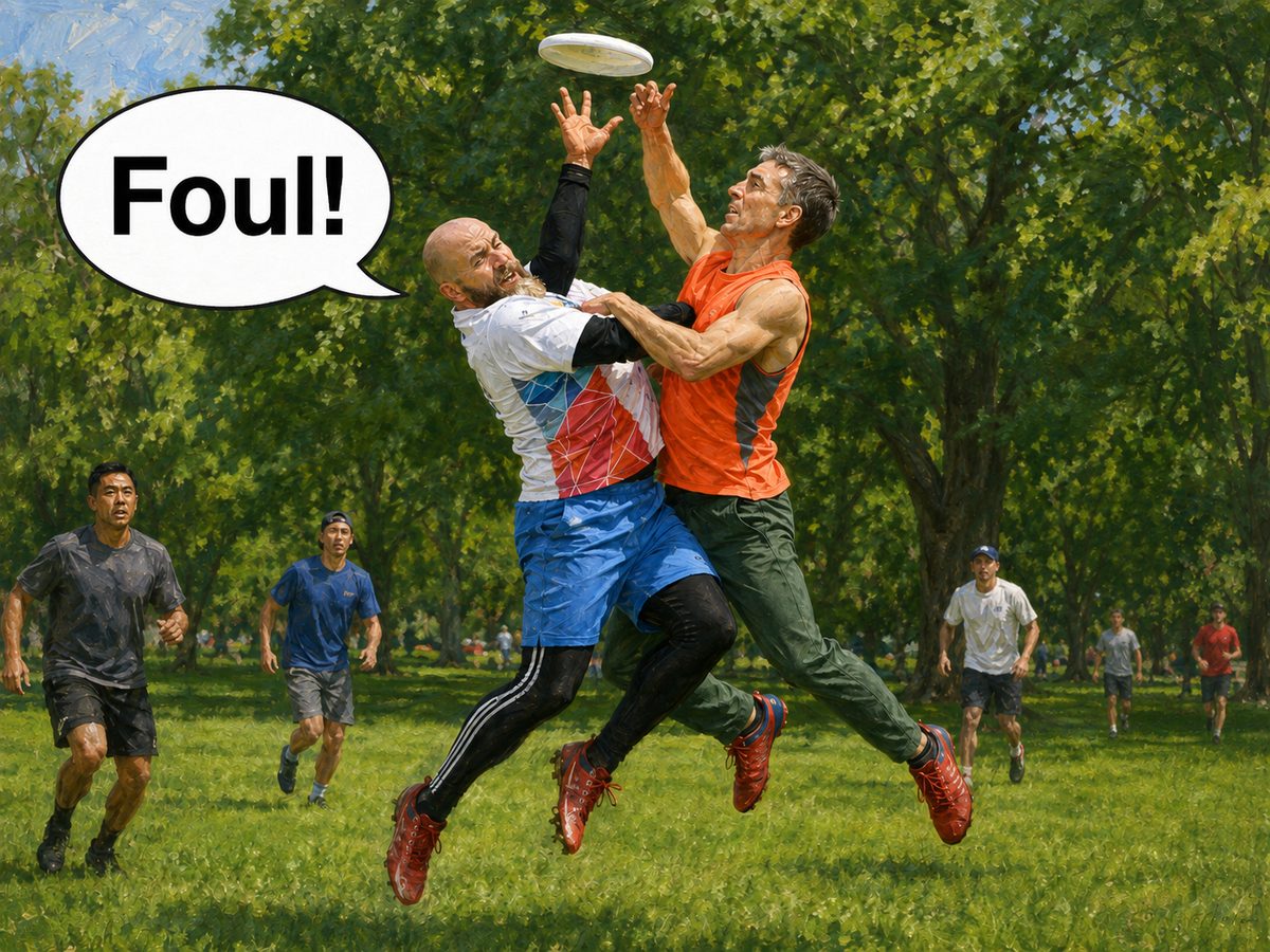 Two players collide going up for the disc as one calls a foul