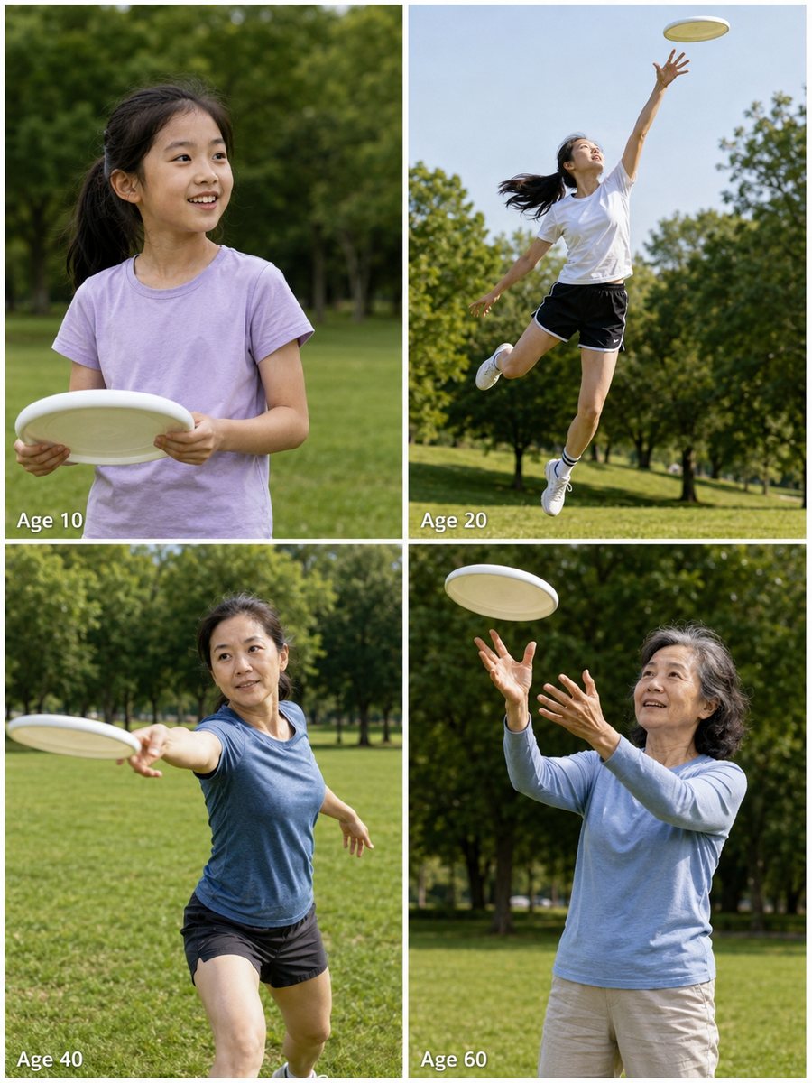 Four players at ages 10, 20, 40, and 60 all playing with a disc