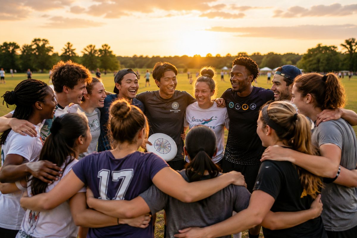 A diverse team of players huddled together smiling at sunset